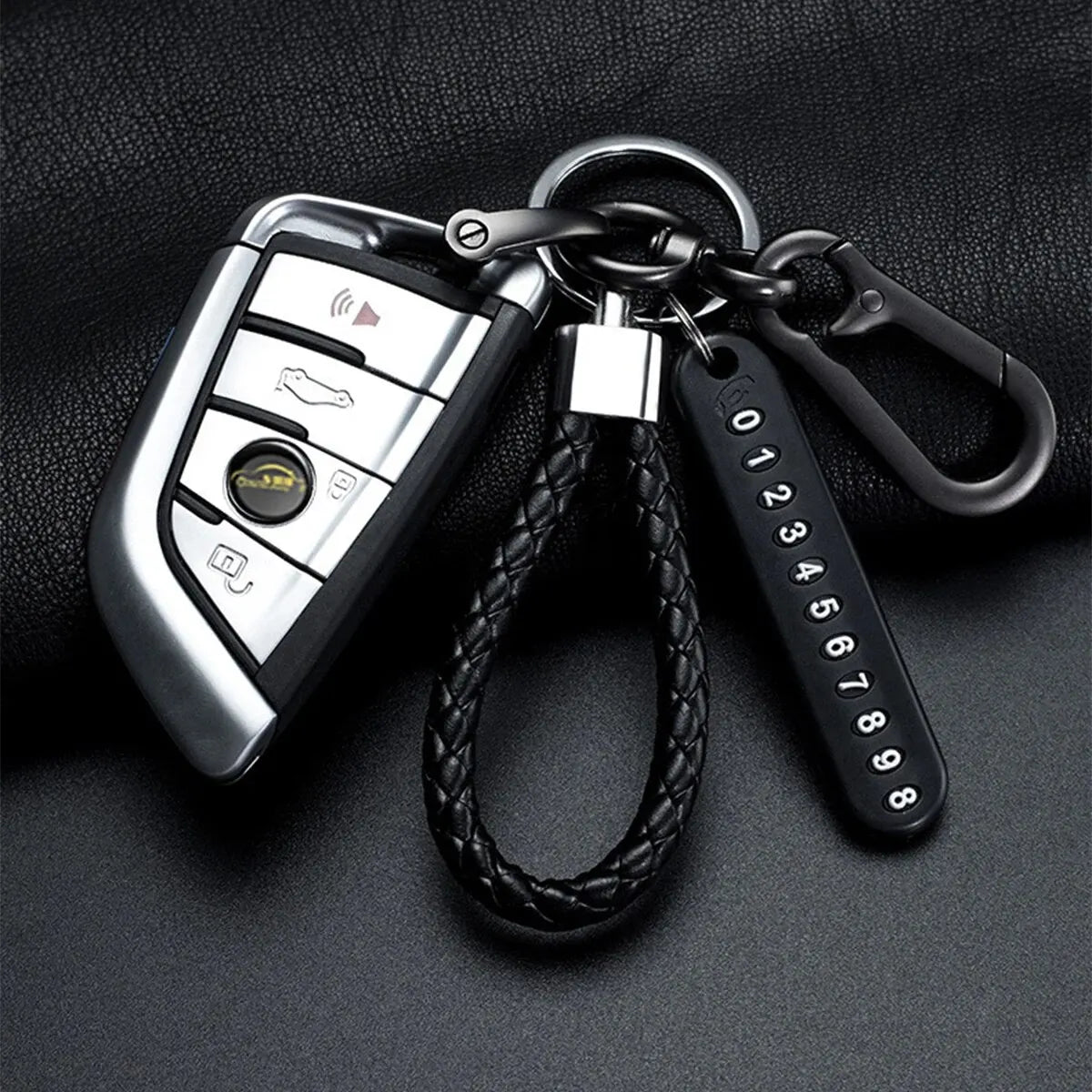Trendy DIY Mobile Phone Number Plate Keychain for Men with Woven Leather Rope and Anti-Lost Design