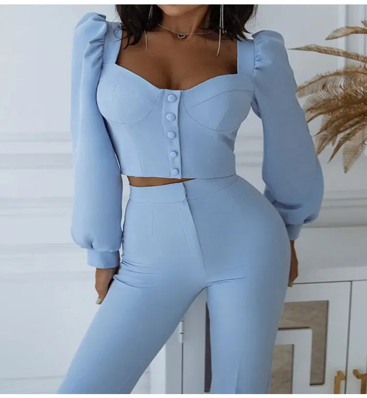 Solid Color Casual Two Piece Set with V-neck Button Lantern Sleeve Top and High Waist Flare Pants for Women