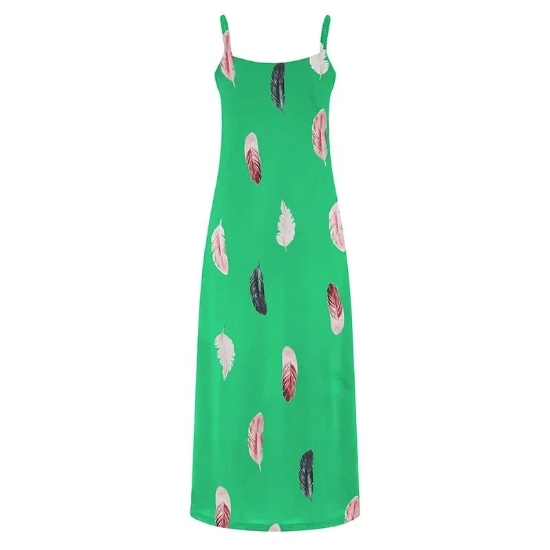 Feather Print Maxi Dress V Neck All Season Comfort Stretch