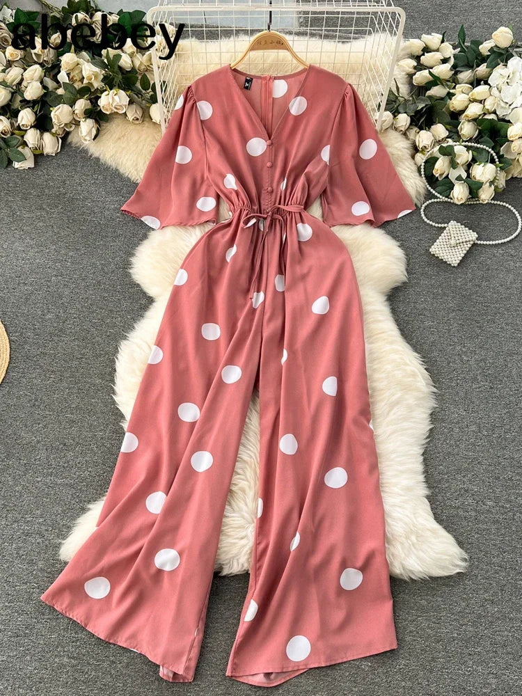 Women Wide Leg Polka Dot Jumpsuit with V Neck Dolman Sleeves and Slim Waist Design