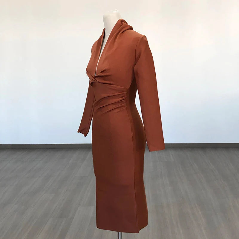 Colorful Deep V Bandage Dress Long Sleeve Bodycon Dress