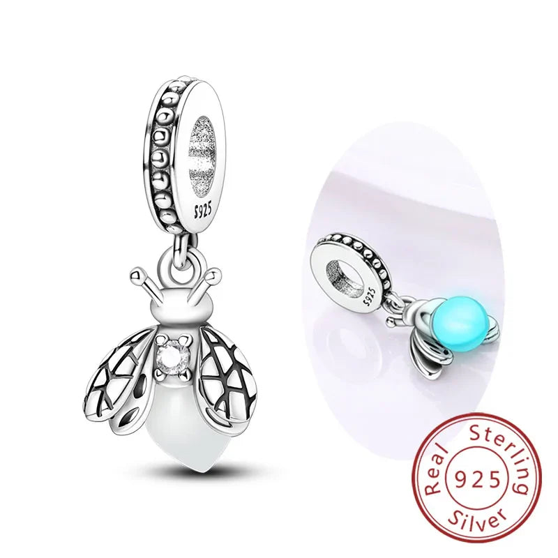 Glowing Luminous Firefly Butterfly Pendant Charm Beads in 925 Sterling Silver for Bracelet Jewelry