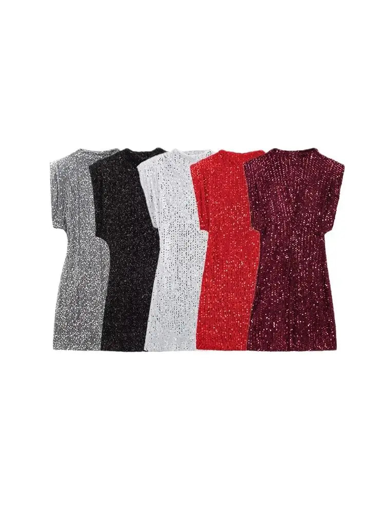 Sequined Mini Dress With Shoulder Pads O Neck Sleeveless