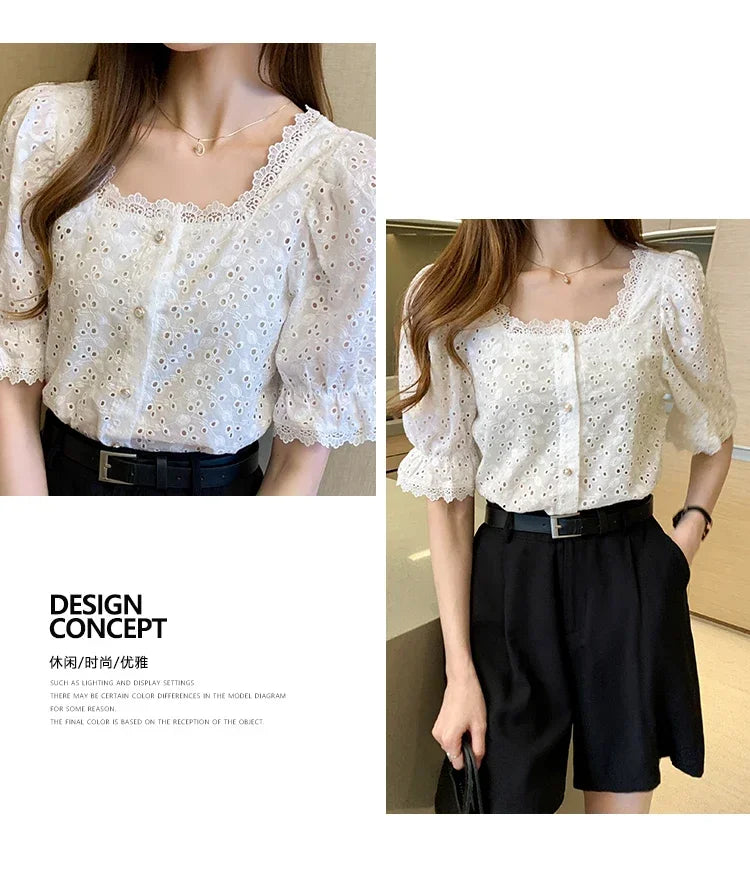 Elegant White Lace Blouse for Women Short Sleeve Square Collar Hollow Out Summer Shirt Chic and Breathable Feminine Top