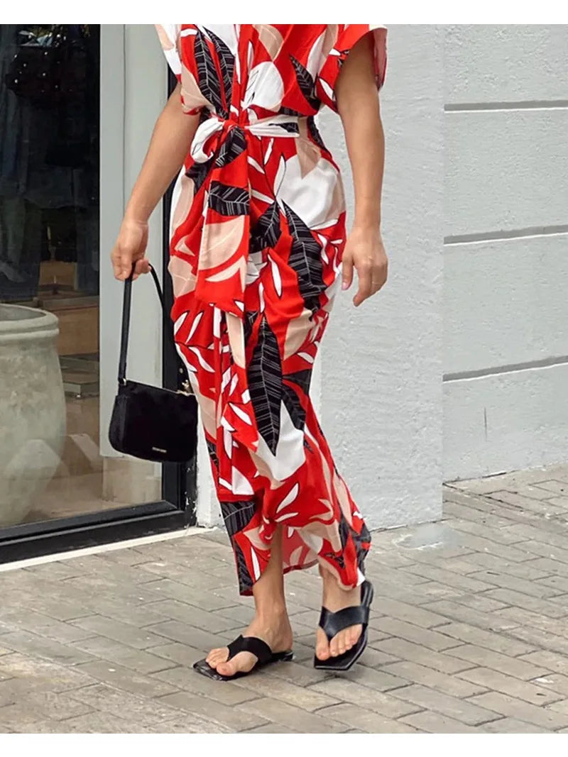 Womens Summer Casual Printed Dress With Flip Collar Belt