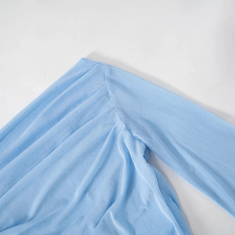 Solid Color Long Sleeve One Shoulder Mesh Top for Women - Stylish See Through Pleated Casual Autumn T-Shirt