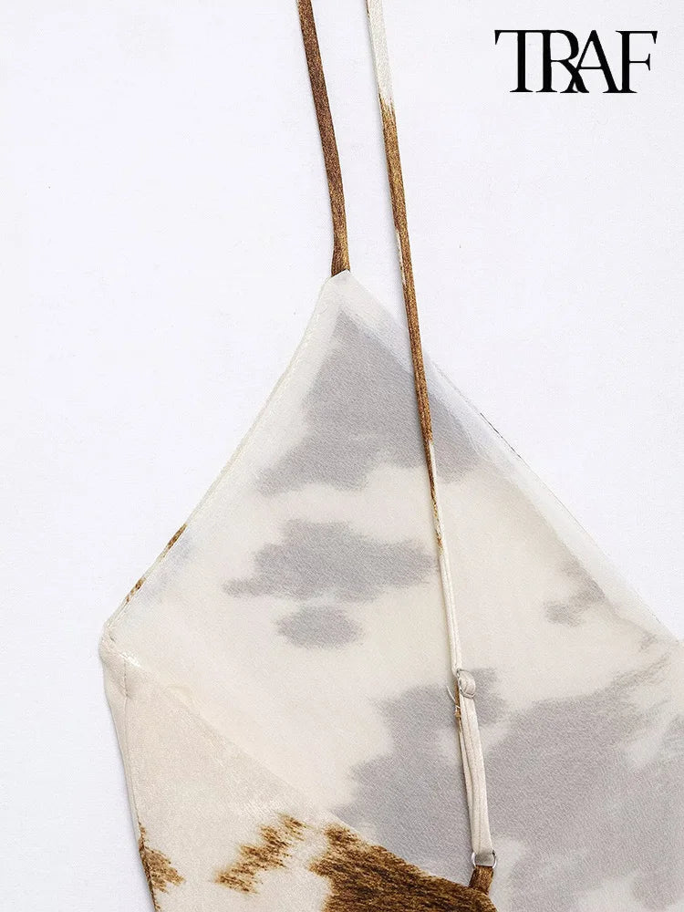 Satin V Neck Halter Dress With Mistletoe Print Elegant