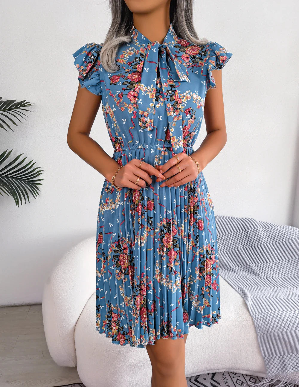 Womens Floral Print Bow Dress With Slim Pleated Waist