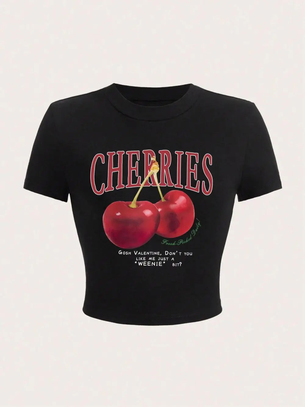 Harajuku Women's Crop Top with Fresh Red Cherries Print Soft O-Neck Tee for Comfortable Streetwear and Club Style