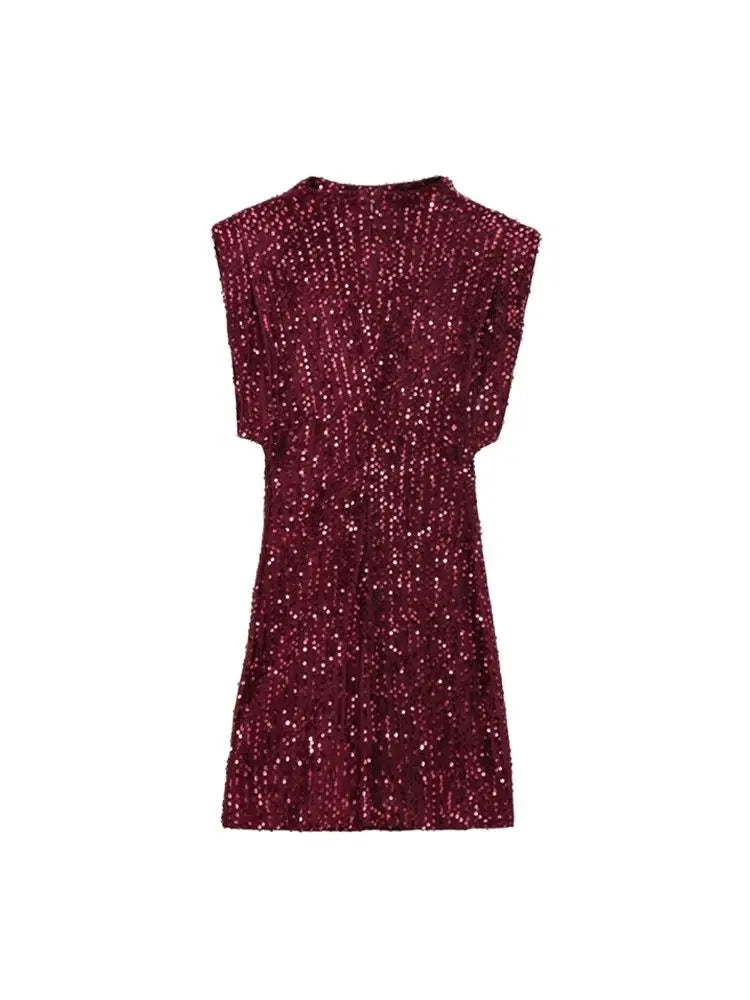 Sequined Mini Dress With Shoulder Pads O Neck Sleeveless