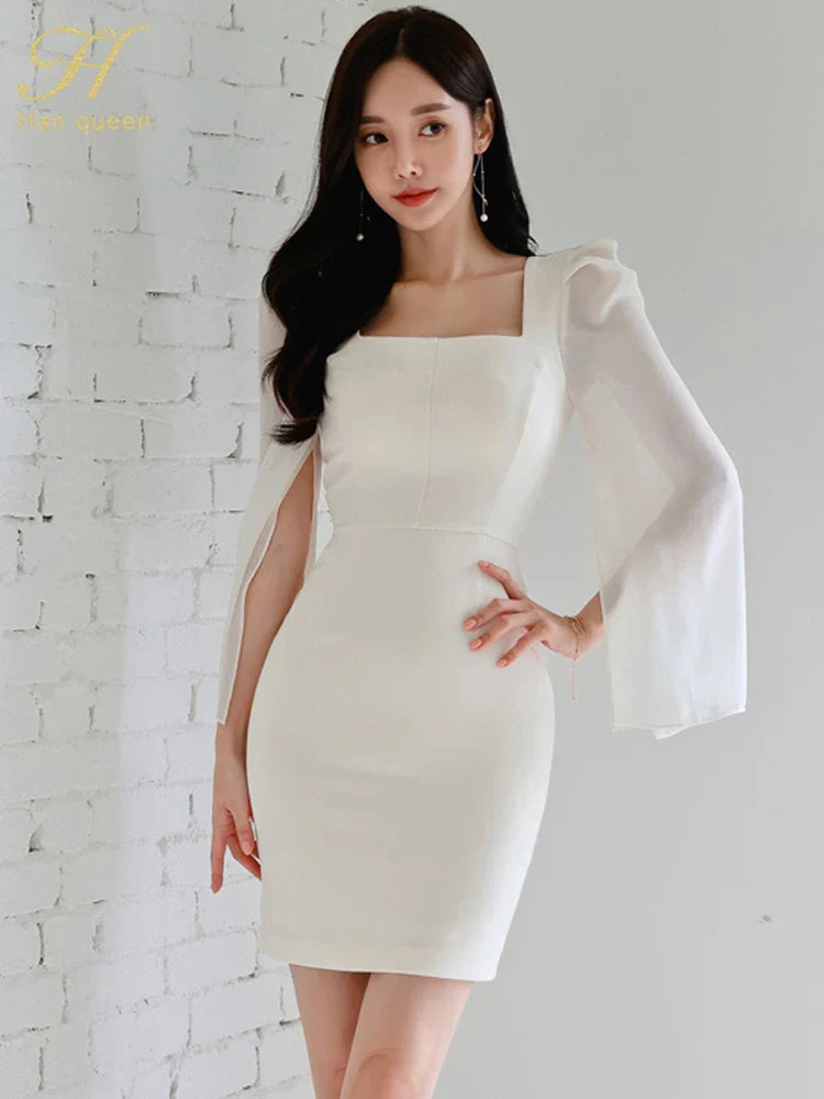 Korean White Sheath Dress With Flare Sleeves For Work