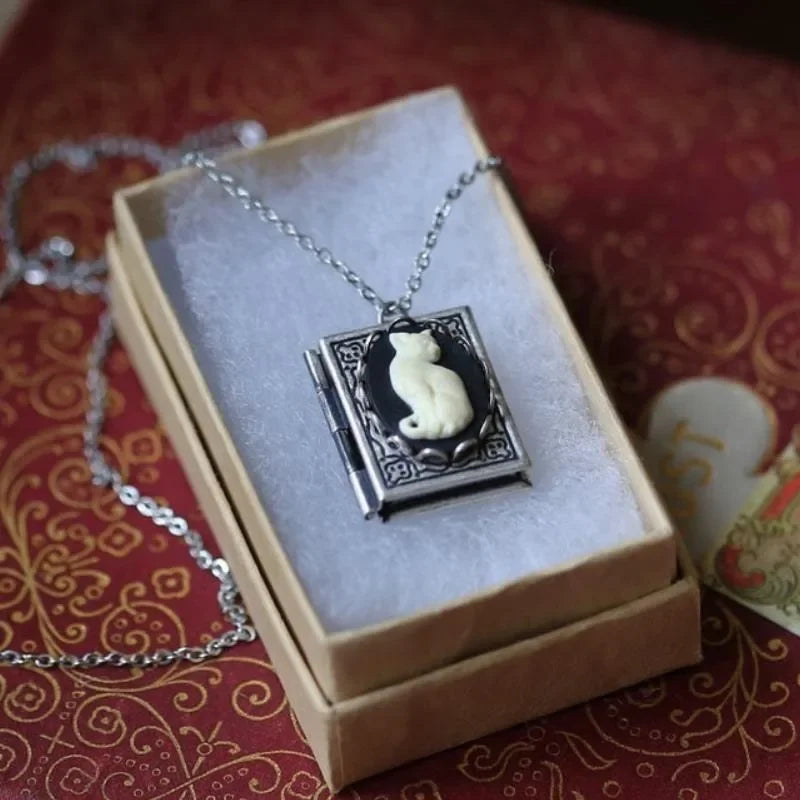Gothic Cat Cameo Pendant Necklace Vintage Grimoire Creative Jewelry for Women