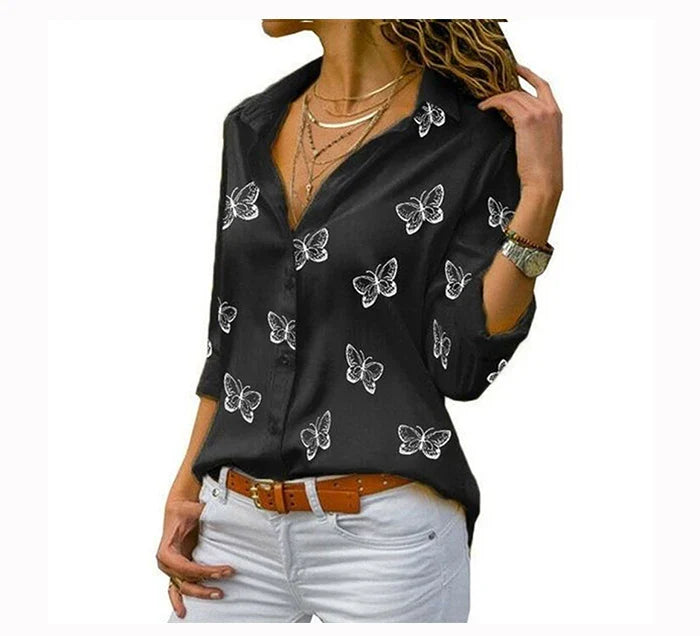 Elegant Women Butterfly Print Loose Fit Long Sleeve Blouse with Turn Down Collar Casual Oversized Office Shirt for Spring and Autumn