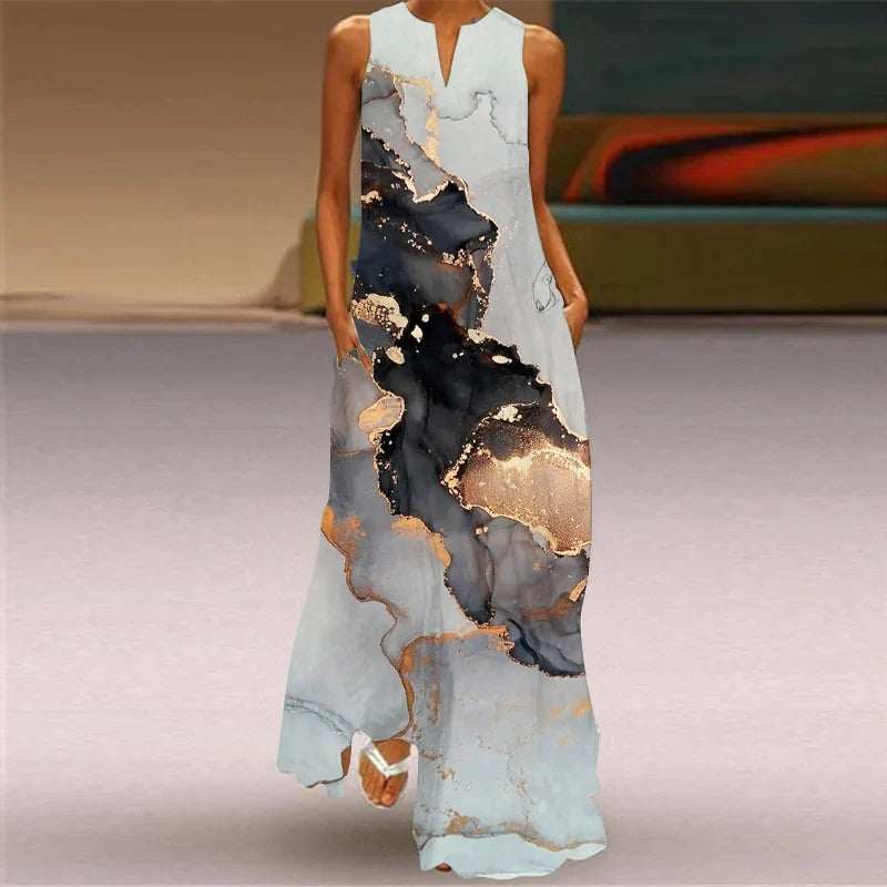 Sleeveless V Neck Printed Maxi Dress For Summer Beachwear