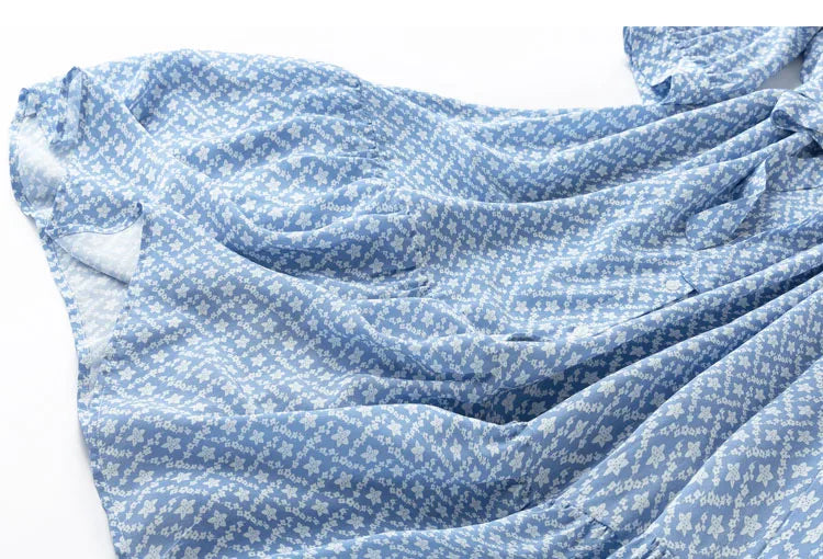 Silk Midi Dress For Women Blue Floral Ruffles V Neck