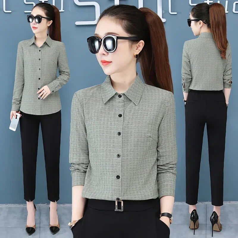 Women's Long Sleeve Slimming Cotton Shirt with Flip Collar Casual Versatile Top for Spring and Autumn Fashion
