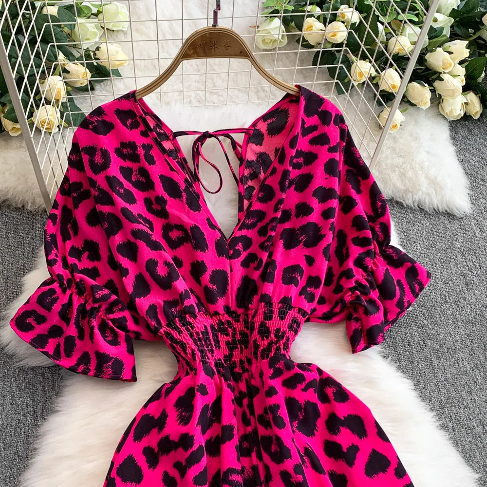 Women's Summer V-Neck Leopard Print Lace-Up Jumpsuit Short Sleeve Loose Fit Playsuit Overalls with Elegant Ruffle Detail
