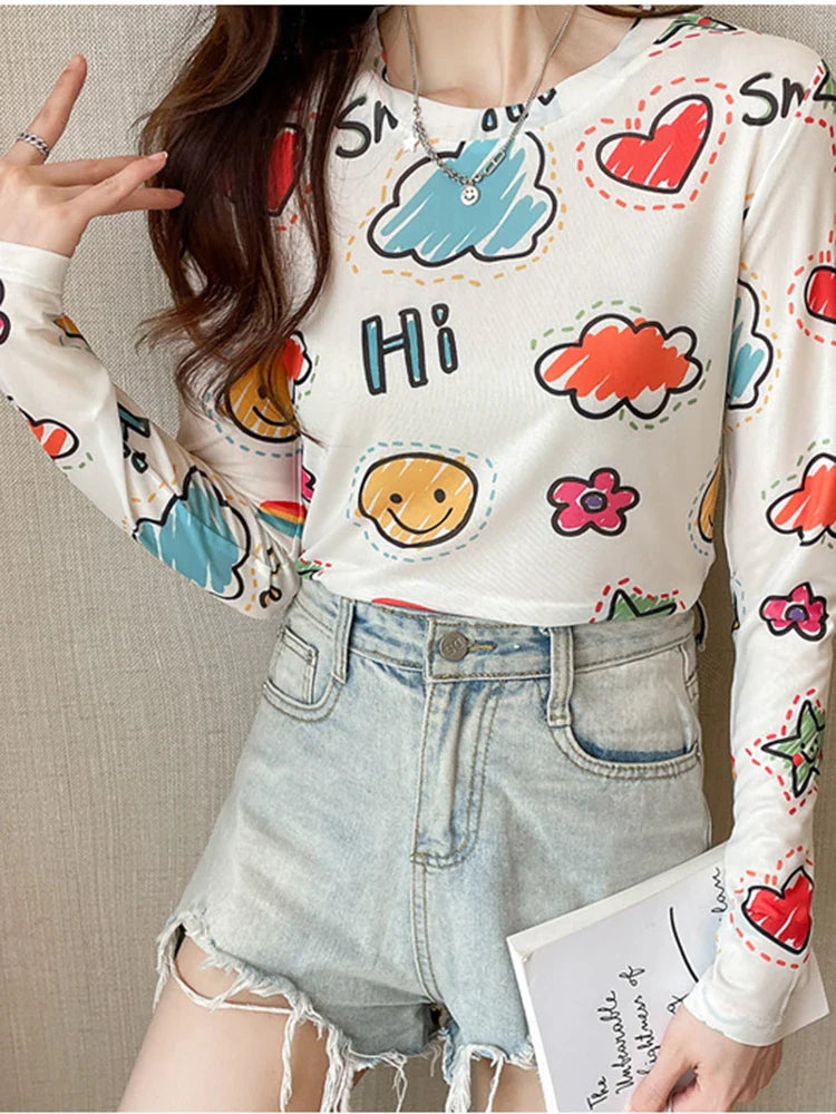 Women's Sexy See-Through Mesh Blouse Long Sleeve Transparent Elegant Printed Shirt Fashion Top