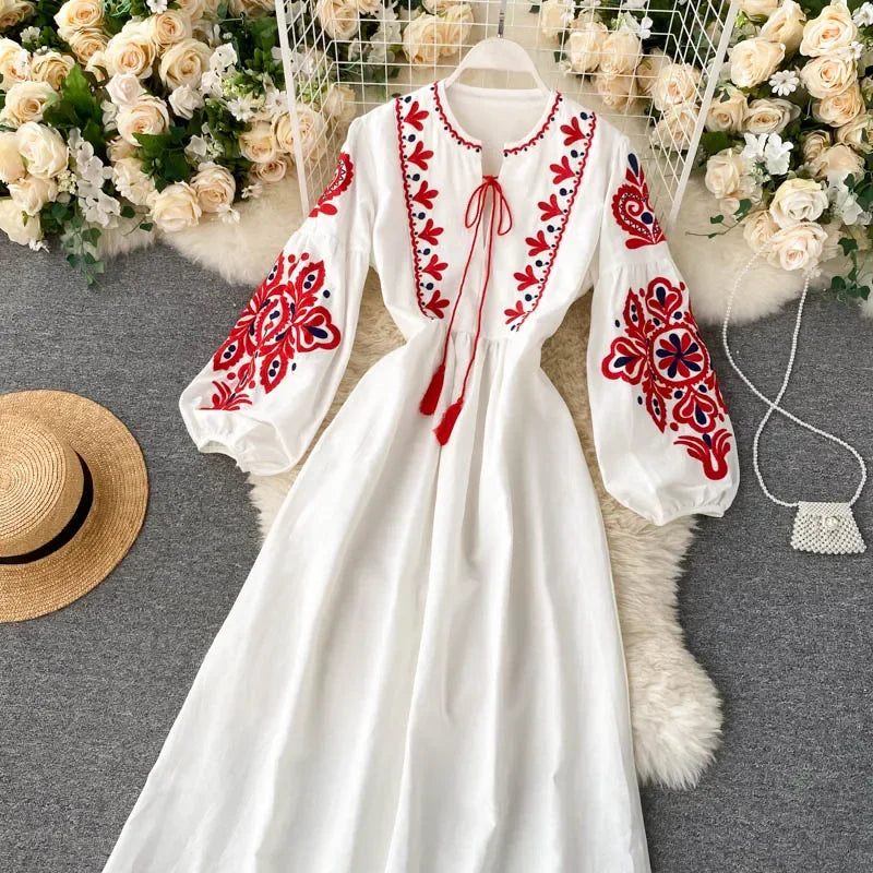 Bohemian Embroidered Floral Dress With Lantern Sleeve