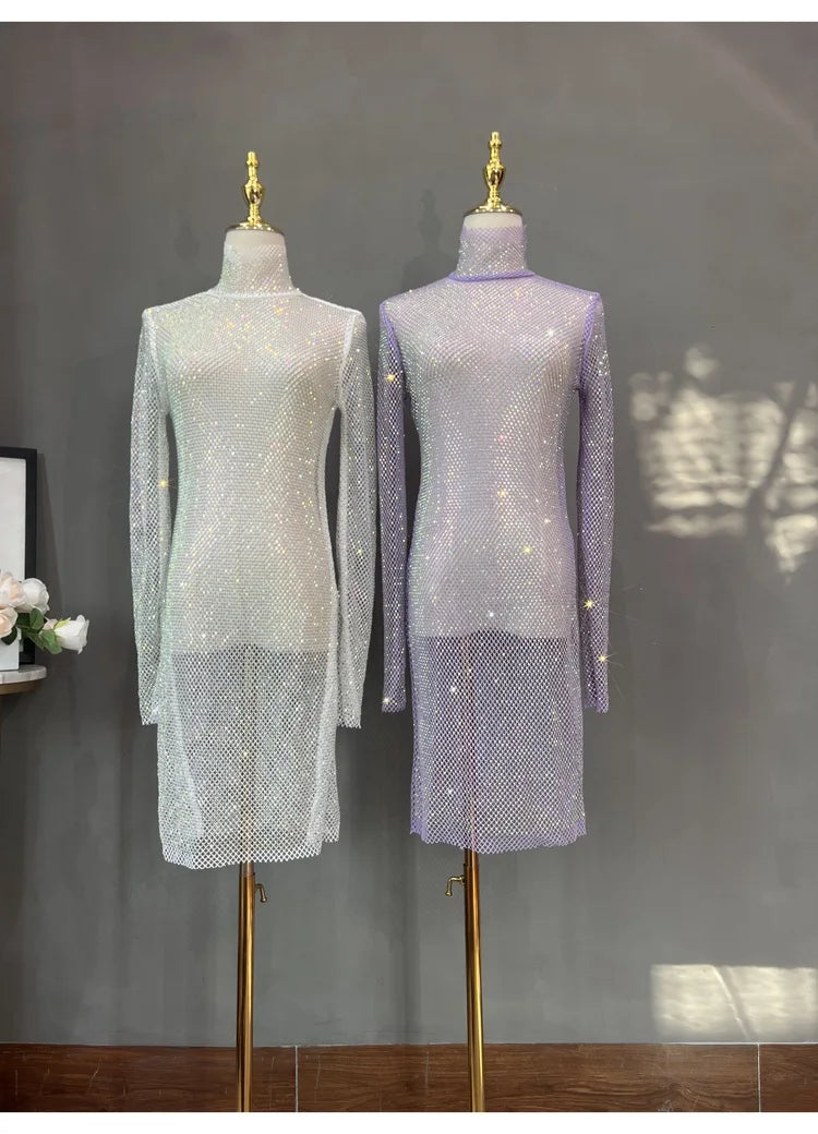 Rhinestone High Neck Glitter Party Dress Mid Length