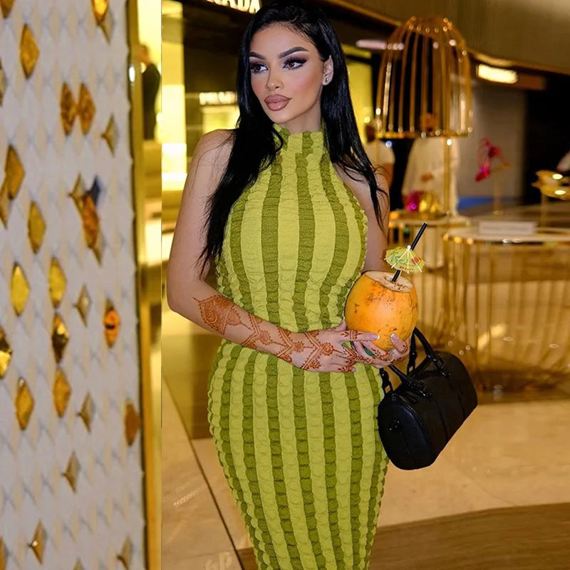 Y2K Patchwork Halter Backless Bodycon Maxi Dress For Women