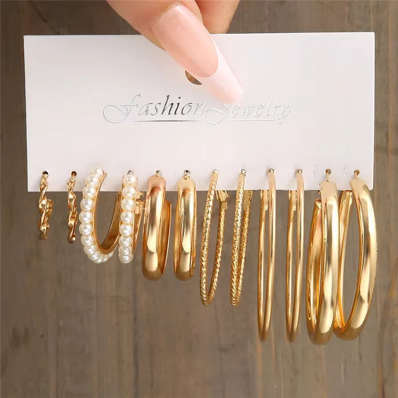 Fashion Geometric Hoop Earrings Set for Women Vintage Bohemian Pearl Gold Color Round Earrings Daily Wear Jewelry Gifts