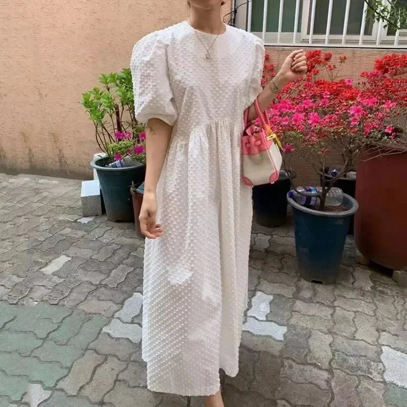 Women Polka Dot Puff Sleeve Long Dress Casual Party