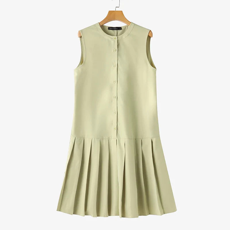 Pleated Button Mini Dress With Tank Sleeveless O Neck