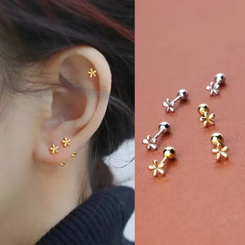 Simple Stainless Steel Golden Flower Small Stud Earrings for Women with Tiny Screw Back Piercing