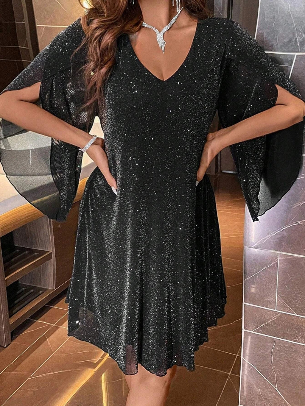 Women Summer Short Sleeve Dress V Neck Loose Fit Black