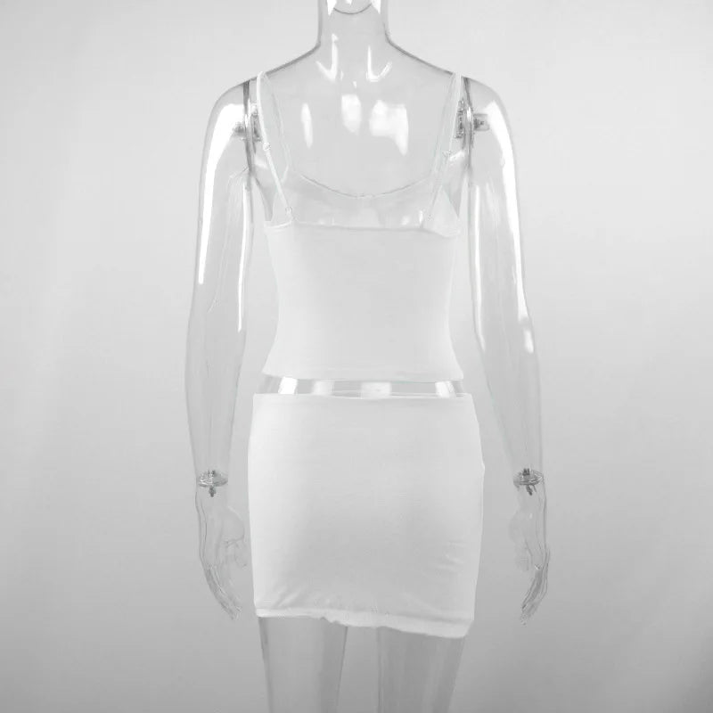 Summer Sexy Two Piece Set Women White Lace Sleeveless Crop Top and Slim Casual Skirt Backless Club Outfit