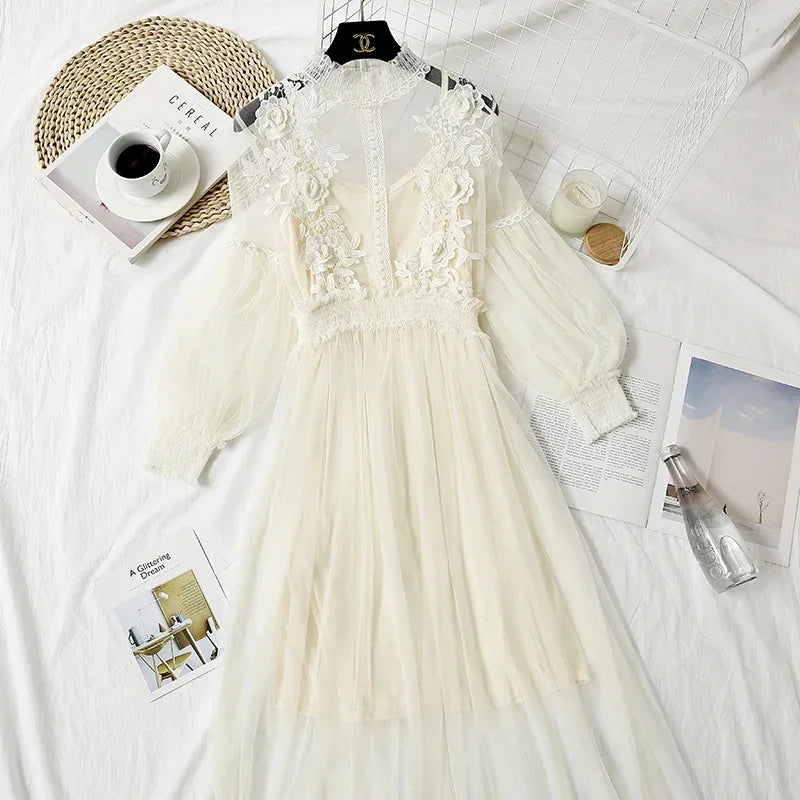 White Lace Mesh Dress With Lantern Sleeves For Women