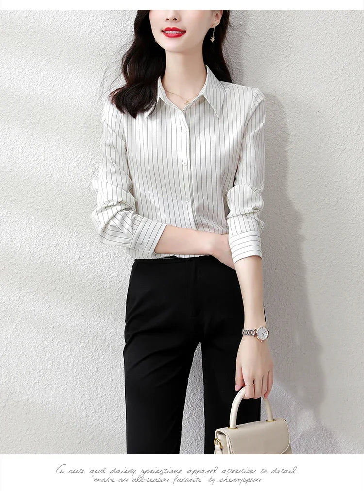 Striped Long Sleeve Women Shirt Button Up Blouse Lightweight Chiffon Tops Elegant Casual Office Wear