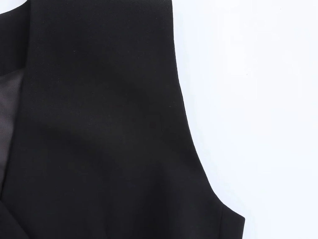 Women's Casual Black Sleeveless Split Design Vest Pants Set with Belt for Autumn Commuting