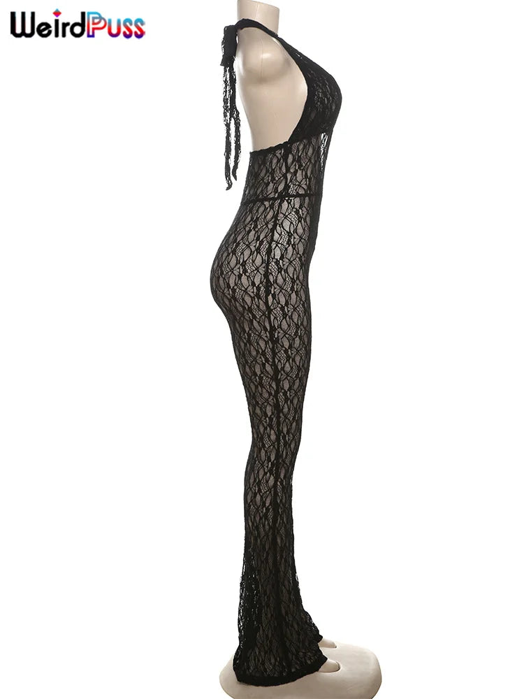 Sexy Mesh Halter Jumpsuit for Women Backless Skinny Low-Neck Midnight Clubwear Birthday Party Workout Overalls