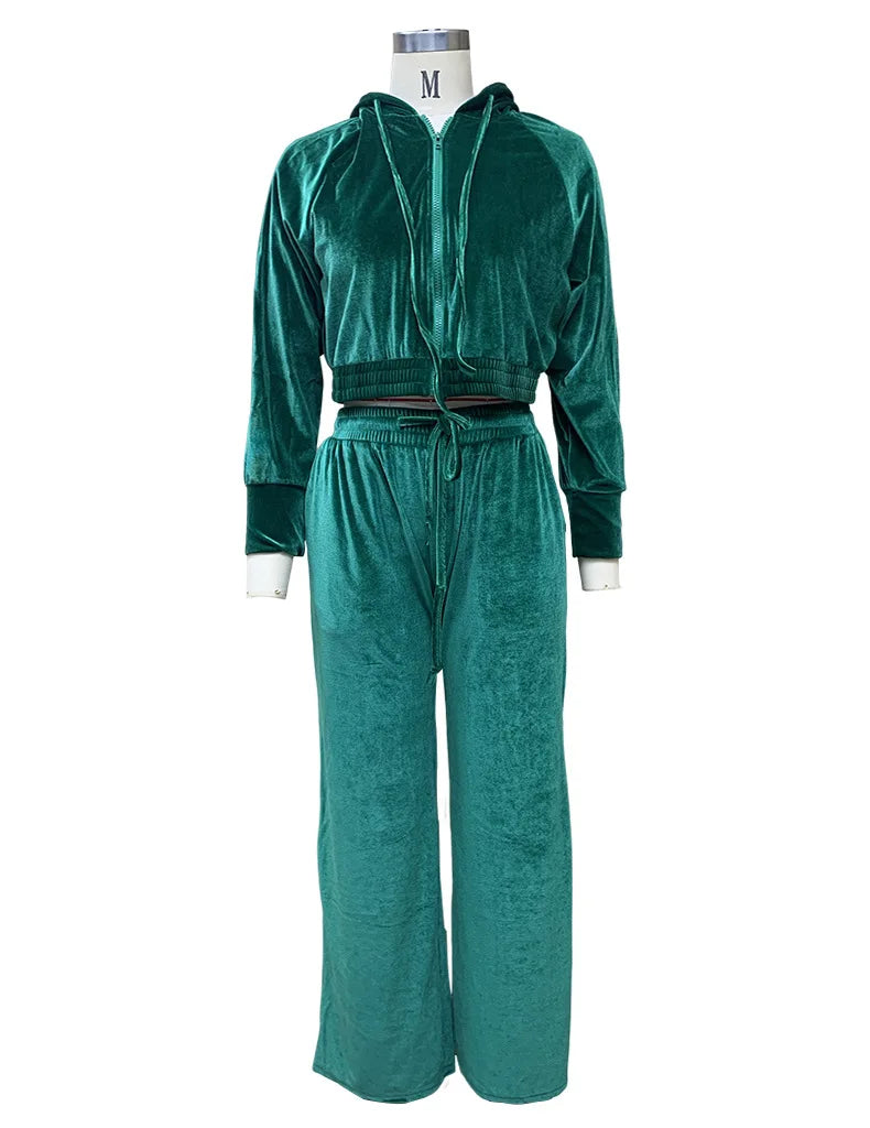 Velvet Tracksuit Women Two Piece Set with Zipper Crop Coat and Long Pants Casual Outfit