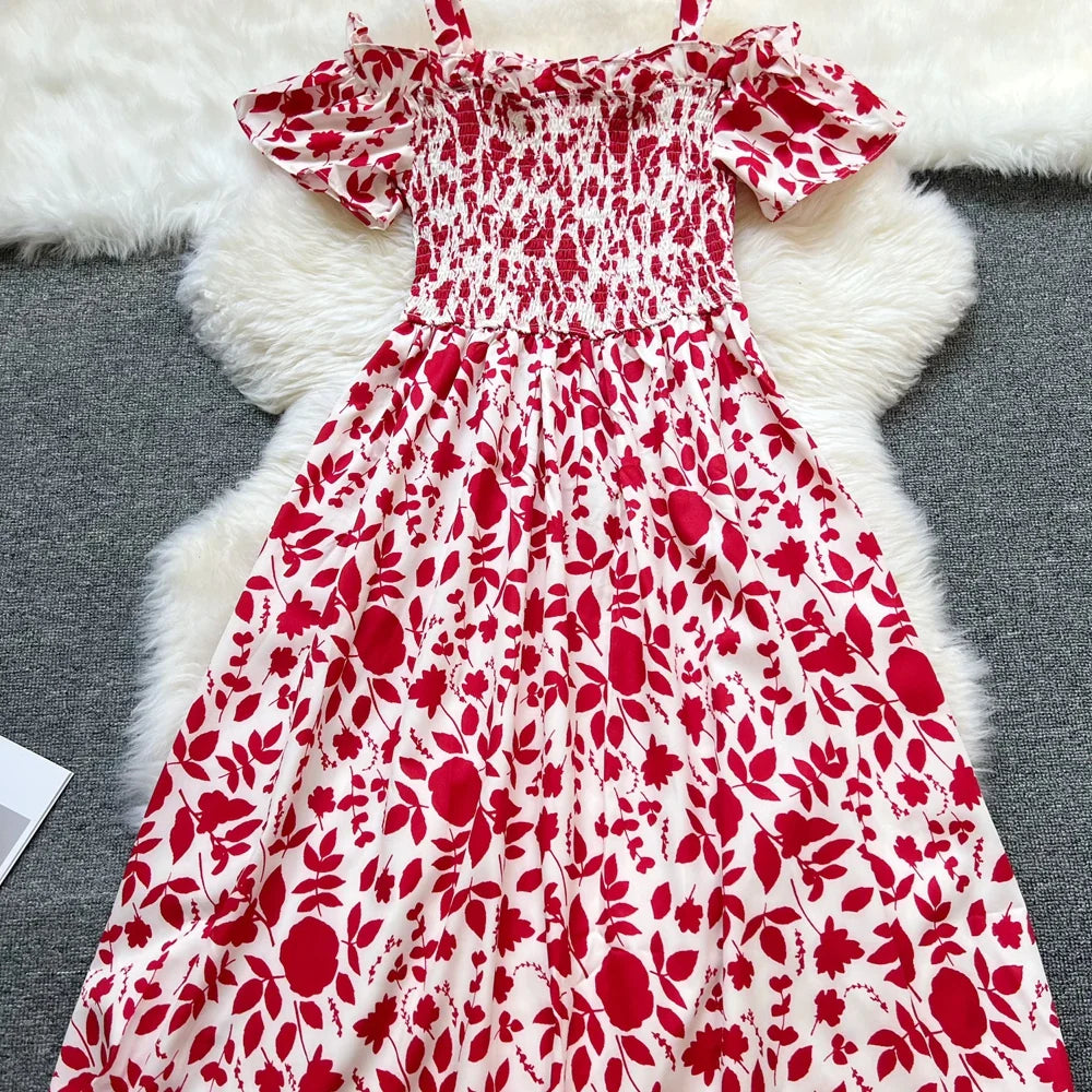 Floral Print Off Shoulder Summer Beach Dress For Women