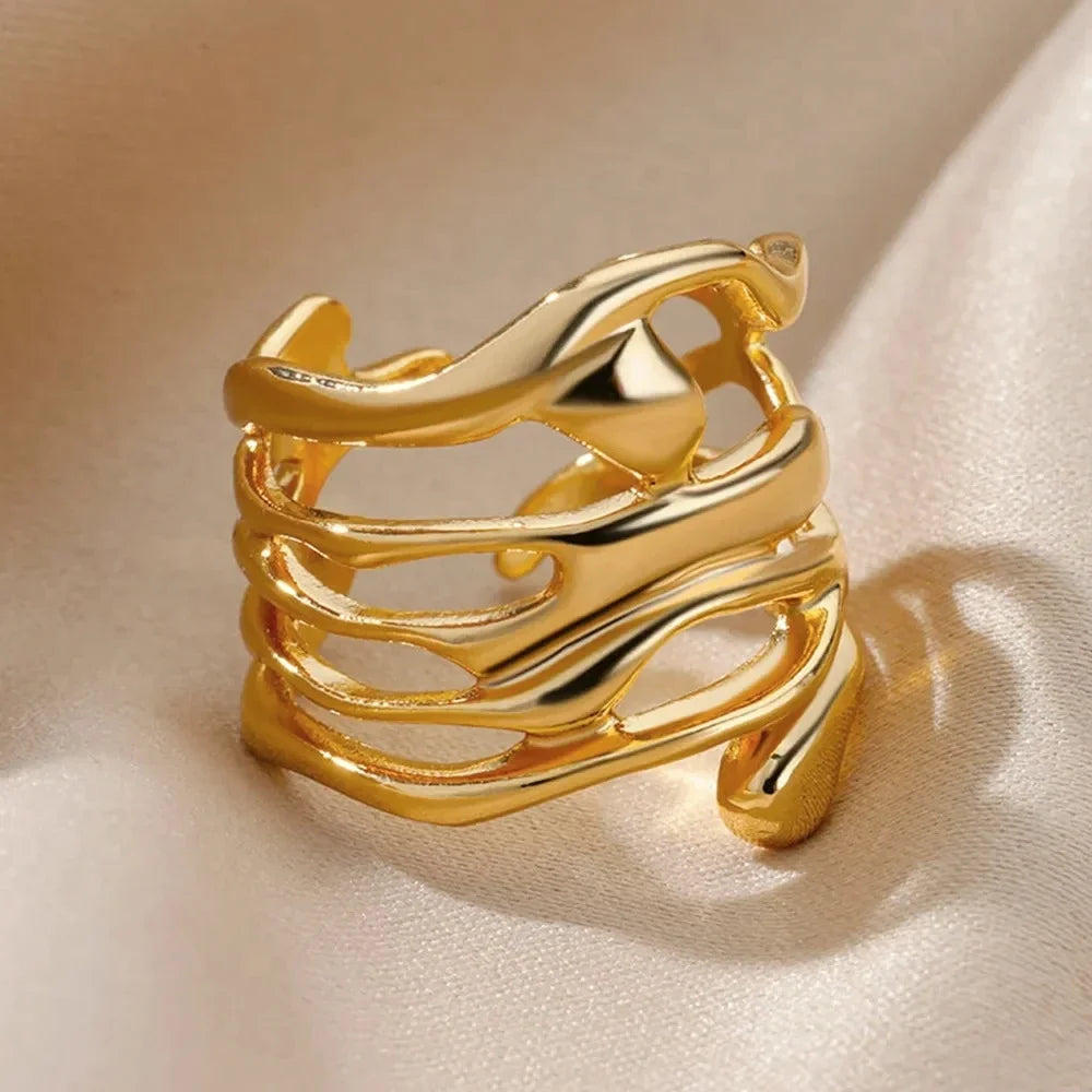 Hollowed-Out Electroplated Golden Ring Wide Band Fashion Jewelry Gift