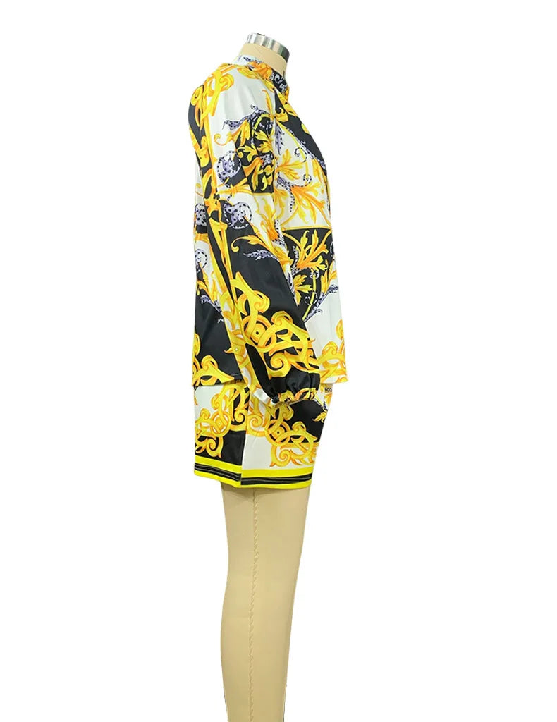 Elegant Two-Piece Women's Set Featuring Stand Collar Long Sleeve Blouse and High-Waist Elastic Shorts Casual Chic Lounge Wear