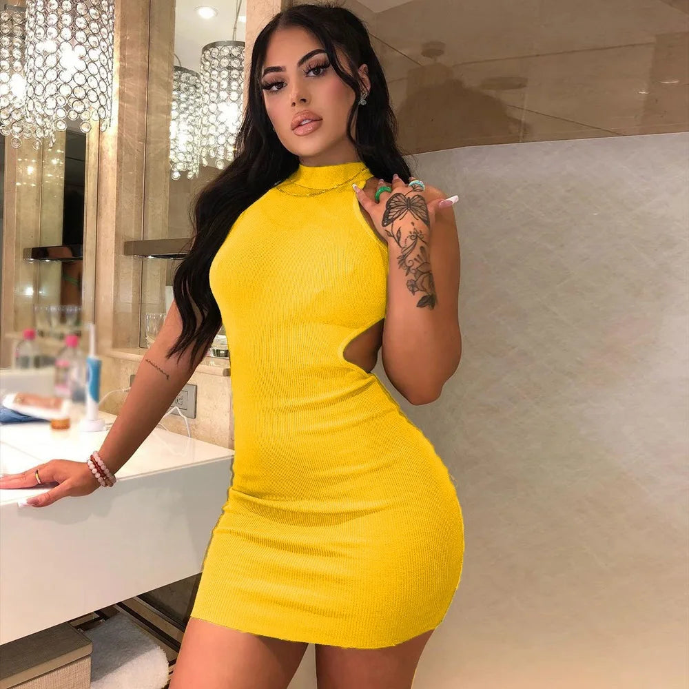 High Neck Hollow Cutout Dress With Back and Bust Details