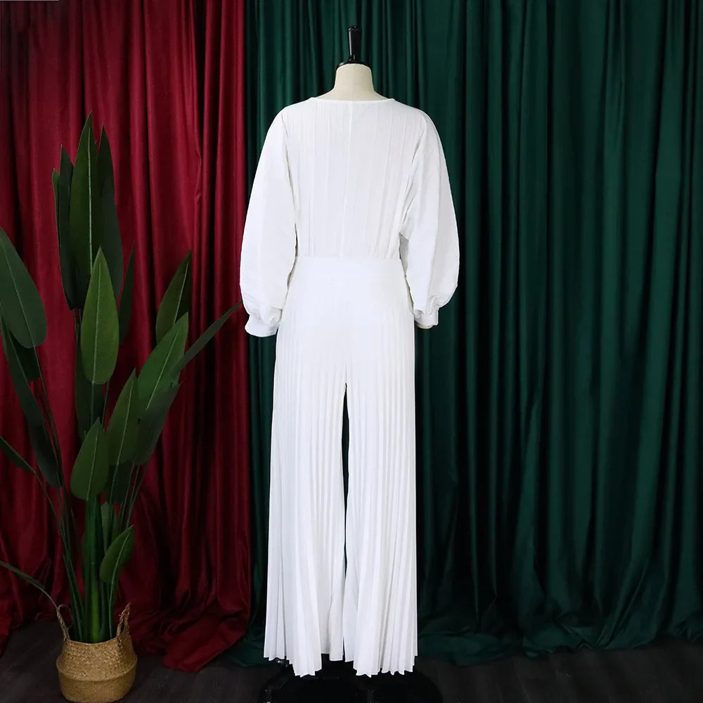 Elegant 2 Piece Women's Outfit with O Neck Blouse and High Waisted Wide Leg Pants Set