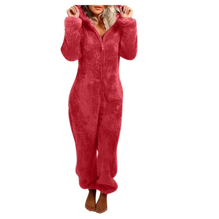Women's One-Piece Hooded Jumpsuit Thickened Full-Length Overalls Cozy Autumn Winter Wear