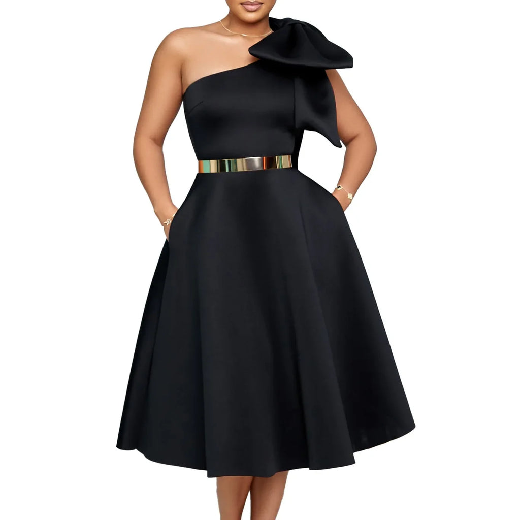 One Shoulder Bow Dress A Line Pleated Mid Calf Party Dress