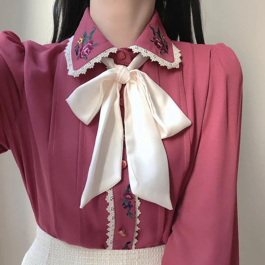 Women's Elegant Bow Tie Ribbon Blouse Button Down Vintage Preppy Style Formal Shirt