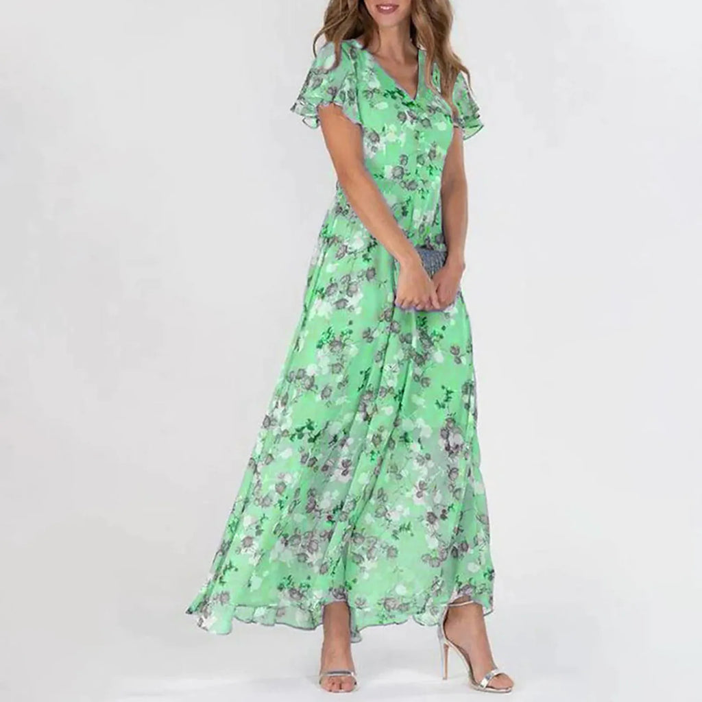 Women's Floral Chiffon Swing Dress with V Neck Short Sleeve