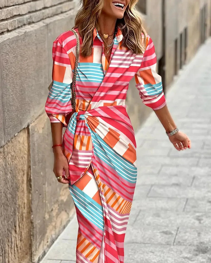 Printed Striped Shirt Collar Midi Dress For Women Everyday
