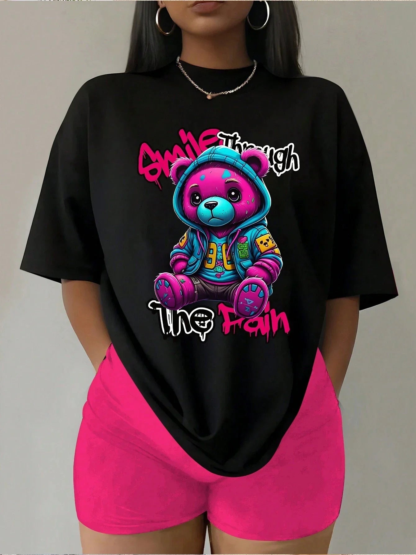 Women's Casual Teddy Bear Short Sleeve T-Shirt with Colorful Drip Art for Daily Wear and Dating