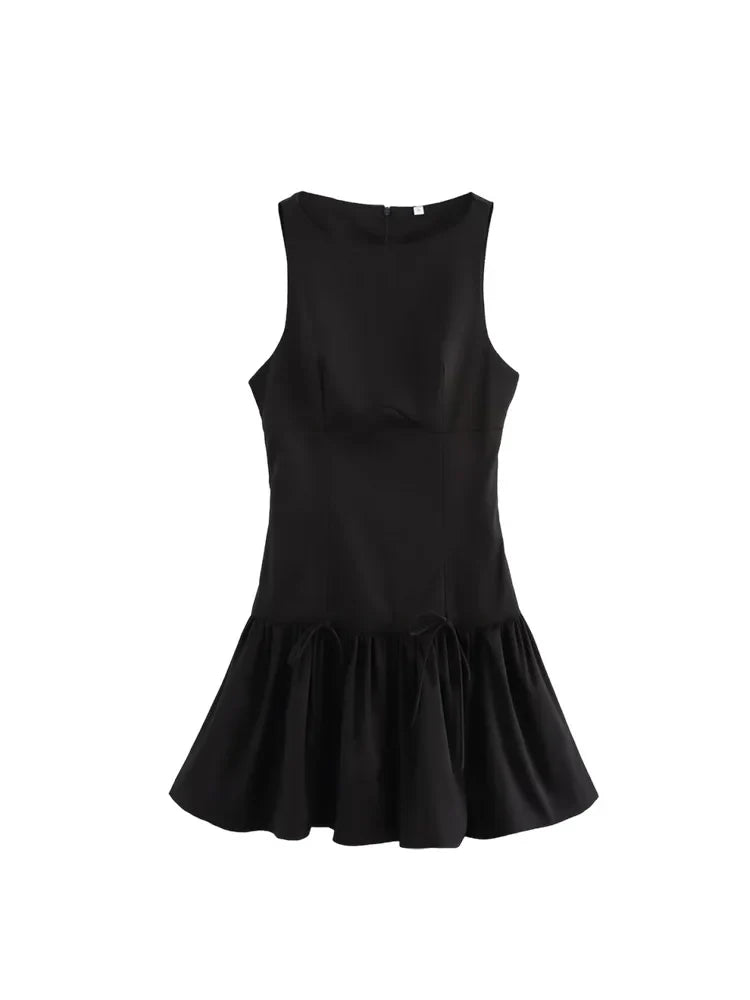 Bow Embellished Sleeveless Pleated Patchwork Dress Women