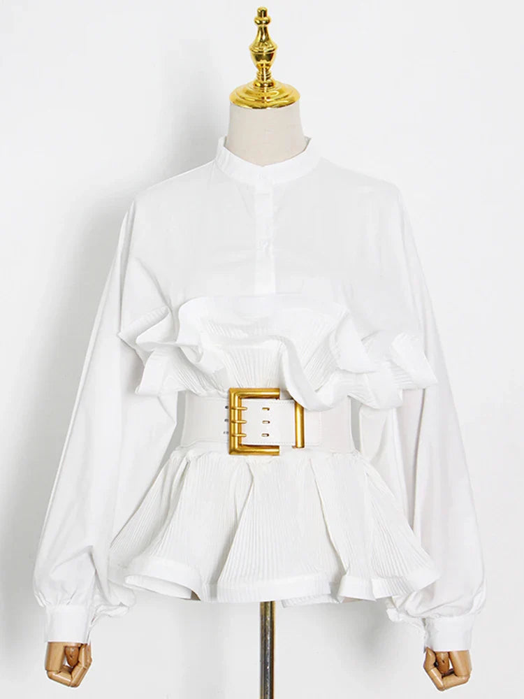 Solid Patchwork Belt Minimalist Women's Shirt Stand Collar Long Sleeve Tunic Spliced Ruffle Casual Blouse