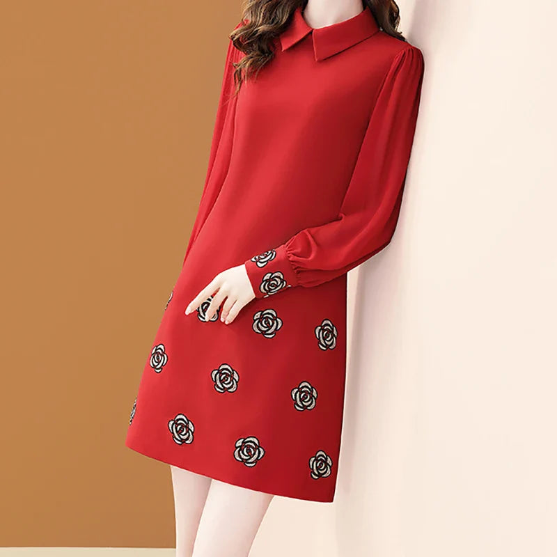 Floral Embroidery Chiffon Dress With Polo Collar For Office